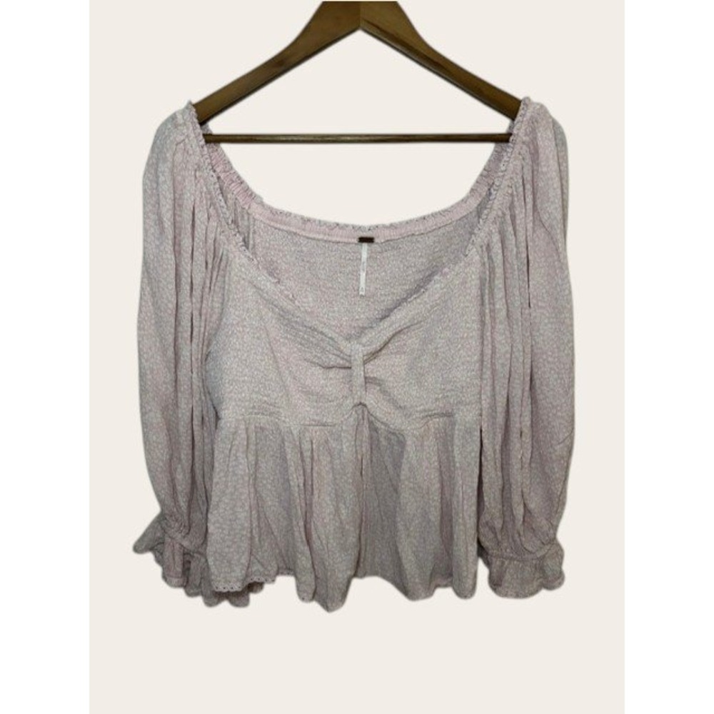 Free People Pink Floral Smocked Peplum Blouse Long Sleeve Boho Festival Top XL